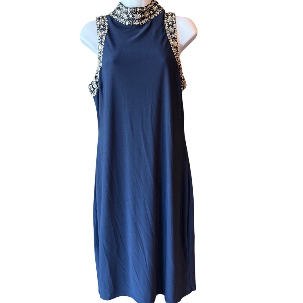 MARINA Beaded Jeweled Rhinestone Cocktail Dress Navy Blue Size 12 New With Tag